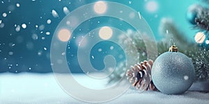 close up on Christmas decor adornments, pinecones, branches and spheres on a snow surface, blue background with snowflakes out of