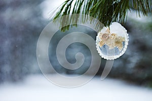 Close-up of Christmas decoration hanging on fir tree branch