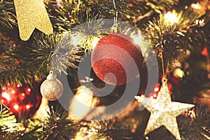 Close up on Christmas decorations on tree