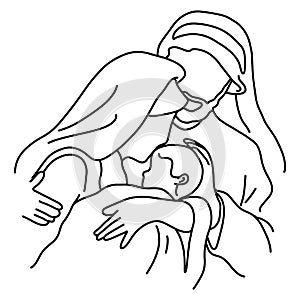 Close-up Christmas nativity scene of Joseph and Mary holding baby Jesus vector illustration sketch doodle hand drawn with black