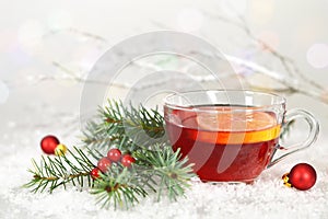 Christmas tea in transparent cup