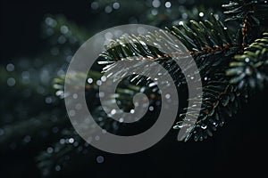 a close up of a christmas tree branch with water droplets on it