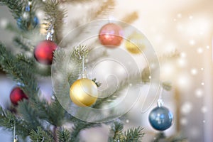 Close up of christmas tree decorated with colorful ball, Christmas and new year concept