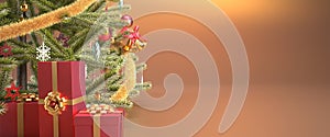 Close up christmas tree gold header or banner background with red gift boxes and copy space.