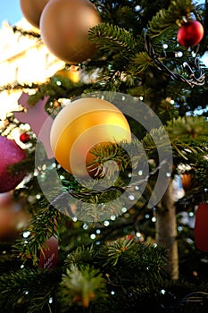 Close-up of Christmas tree ornaments