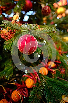 Close-up of Christmas tree ornaments