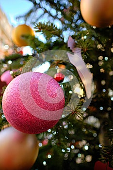 Close-up of Christmas tree ornaments