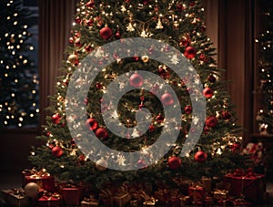 Close up of Christmas tree with presents, lights, candles