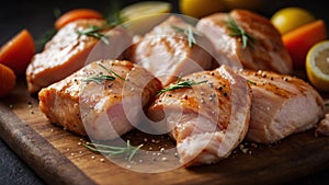 Close up of chunks of raw chicken breast meat.