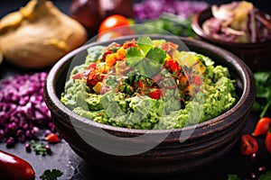 close-up of chunky homemade guacamole in a bowl