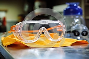close-up of a churning chemistry experiment safety goggles on table