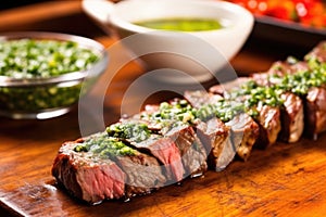 close-up of churrasco with chimichurri sauce on the side