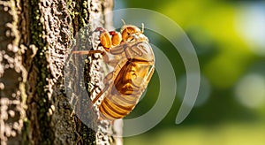 Cicada Shell on Tree Bark in Summer