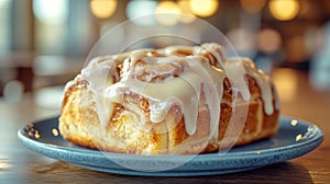 Close-up of a cinnamon roll with icing on a blue plate