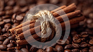 CloseÃ¢â¬'up of cinnamon sticks on scattered coffee beans