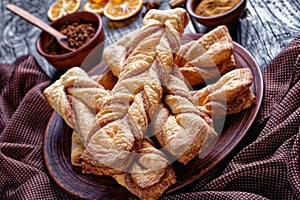Close-up of Cinnamon sugar puff pastry twists
