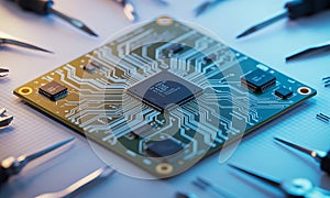 close-up of a circuit board with a central processor unit surrounded by tools, showcasing technology and precision engineering