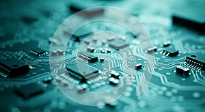 Close-up of a circuit board with electronic components and microchips