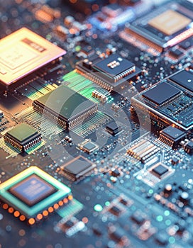 Close-up of a circuit board with intricate microchips and connections
