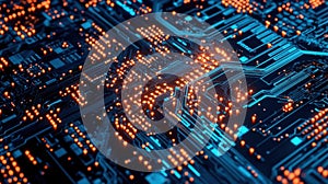 a close up of a circuit board with many orange lights