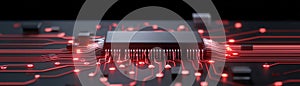 Close-up of Circuit Board with Microchip and Illuminated Red Connections on Dark Background