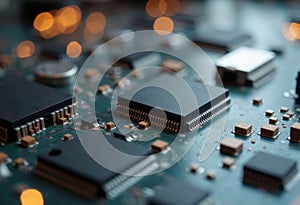 Close-up of a circuit board with microchips and glowing lights