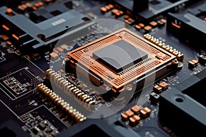 A close-up of a circuit board reveals the minuscule computer chip at its core.