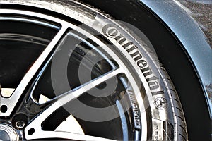 Close up of a CLA coupe mercedes wheel with alloy wheels and Continenal tire.