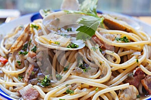 A close-up of clam spaghetti