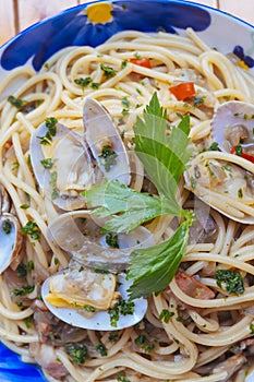 A close-up of clam spaghetti