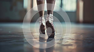 Close-up classic ballerina& x27;s legs in pointes on floor