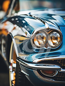 a close up of a classic car with headlights on