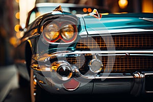 a close up of a classic car with headlights on