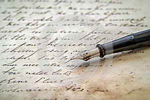 Close-up of a classic fountain pen on aged handwritten letter, ideal for historical documents, romantic correspondence