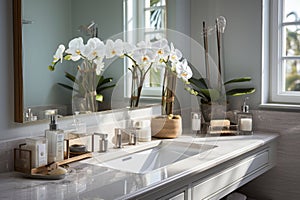 Close-up of classic style bathroom in luxury villa. Wall cabinet with marble countertop and built-in sink, bottles of