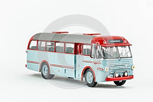 Close up of classic vintage metallic bus, scale model.