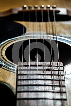 Close-up of classical guitar strings.