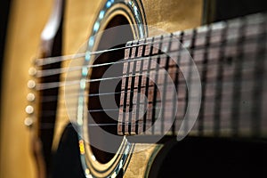 Close-up of classical guitar strings.