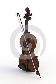Close up of classical violin with bow isolated on white background, String instrument