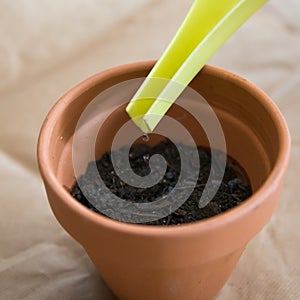 Close up of a clay pot during watering, with a drop falling. Importance of watering to help the seeds germinate