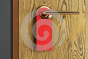 Close up of clean red sign on wooden door. 3D Rendering