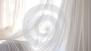 Close up of clean, white soft drapery sheer fabric curtain drapes in beautiful sunlight in luxury bedroom. Generative AI