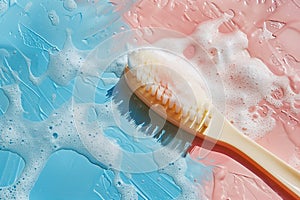 Close-up of a cleaning brush with bristles covered in soapy foam, resting on a pink and blue wet surface, suitable for