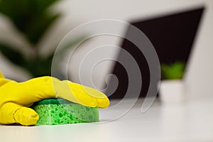 Close Up cleaning company worker hand holding sponge