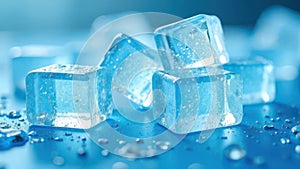 Close-up of clear blue ice cubes on a glossy surface