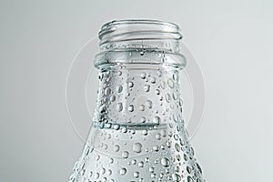 Close-up of a clear water bottle, adorned with refreshing droplets, showcasing purity.