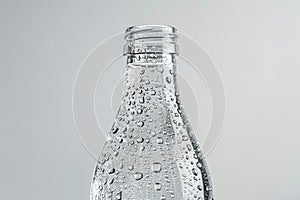 Close-up of a clear water bottle, adorned with refreshing droplets, showcasing purity.