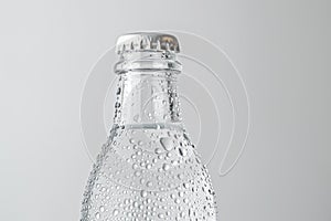 Close-up of a clear water bottle, adorned with refreshing droplets, showcasing purity.