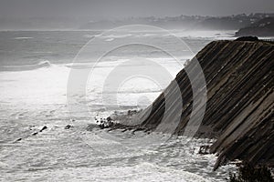 Close up of cliff and coastla shoreline in basque country, france