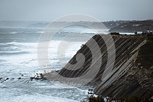 Close up of cliff and coastla shoreline in basque country, france